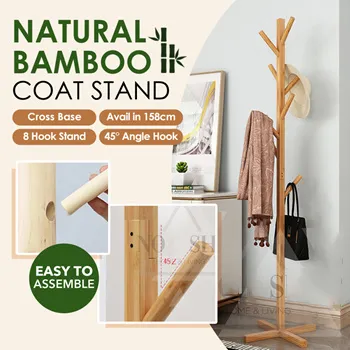 🇸🇬Natural Bamboo Tree Coat Rack Stand / hang clothes stand / Garment Rack / Clothes Hanger Stand / Coat Hanger Stand Wood / Wooden Hanger Floor Standing Coat Rack / Hat-and-coat Stand Hanger / Bag Hanger