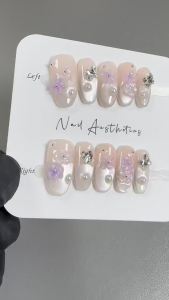 HANDMADE Almond Press On Nails Pink and silver gradient French nail with bauhinia flowers and diamonds Phototherapy Fake Nail Patch Artificial Nail Reusable