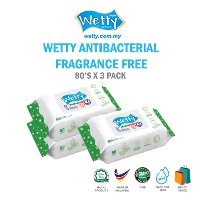 Wetty Wet Wipes Antibacterial Fragrance Free Tuala Bash Antibakteria Tanpa Bau Halal Tisu Basah Baby Wipes (3 x 80s)
