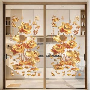 BESTOUR 2Pcs Anti-static Flower Koi Sticker Plastic Chinese Style Glass Door Sticker 3D Effect Decorative Sticker for Bathrooms Living Rooms and Bedrooms