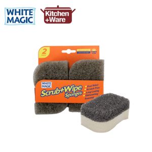 White Magic Scrub+Wipe Sponges / 2 Pack Dual Sided / Scratch Free / Long Lasting / Cleaning Sponge Scourers