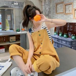 Overall Kasual Berwarna Kuning Untuk Wanita Jumpsuit Longgar Dan Serbaguna