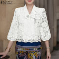 ZANZEA Korean Style Women Trendy Bowknot Lace Patchwork Blouses 3/4 Sleeve V-Neck Plain OL Top #0922. 