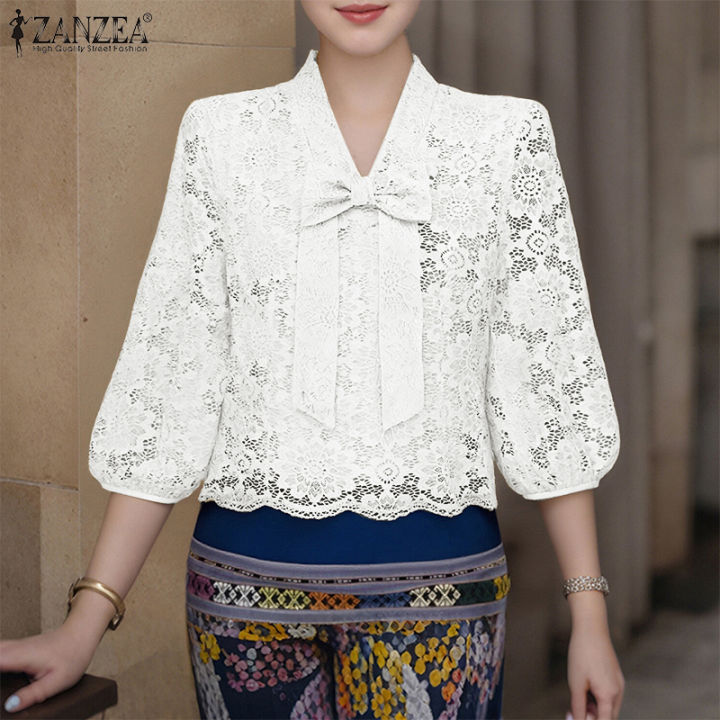 ZANZEA%20Korean%20Style%20Women%20Trendy%20Bowknot%20Lace%20Patchwork%20Blouses%203/4%20Sleeve%20V-Neck%20Plain%20OL%20Top%20#0922%20-%20Image%203