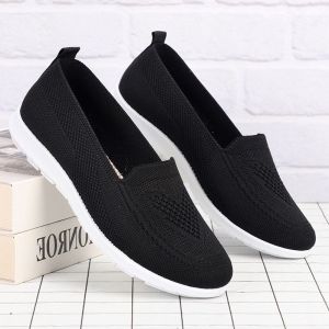Ready Stock Korean Slip On Mesh Casual Shoes For Women No Lace Breathable Rubber Shoes For Lady Fly Knitting Comfortable Shoes