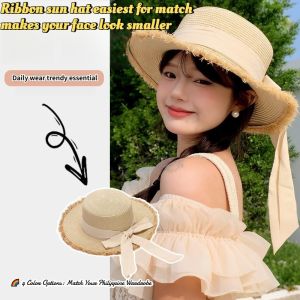 #COD Ladys Wide-Brim Straw Hat Butterfly Ribbon Lightweight Breathable Anti-UV Outdoor Vacation Sun Hat