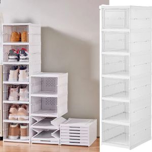 BESTIT 1/3/6 Layers Foldable Shoe Rack White Transparent Stackable Sneaker Organizers Creative Dustproof Shoe Storage Shelf Home Organizers