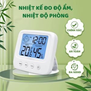 Nhiệt Ẩm Kế Điện Tử Cho Bé Có Đèn Nền LCD – Đo Nhiệt Độ Độ Ẩm Đồng Hồ Báo Thức Cảnh Báo Sức Khỏe