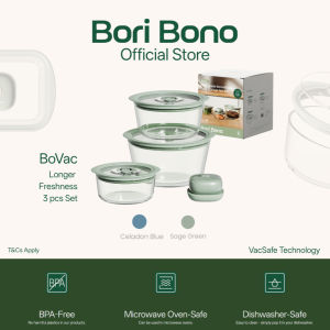 Bori Bono BoVac Round Borosilicate Glass Food Container 3pc Set Airtight Vacuum Sealed