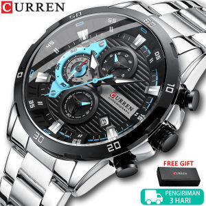 CURREN Jam Tangan Pria Quartz Kronograf Stainless Steel Bisnis dengan Kalender Penunjuk Bercahaya 8402