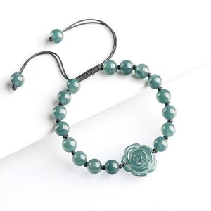 TIMESWIND Natural Jade Sweet Rose Carved Light Blue Beaded Weaving Bracelet for Women