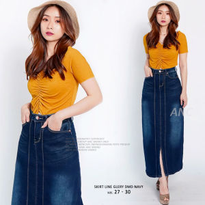 Skirt Rok Jeans Wanita - Skirt Jeans Line Navy - Rok Panjang Jeans Gamis Hijab - Rok Midi Jeans Melar