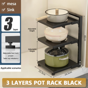 🇸🇬Anti-rust Kitchen Pot Rack Adjustable Pot Holder Stainless Steel Rack Pot Under Sink Shelf Kitchen Storage Organiser Rack Pot Pan Racks