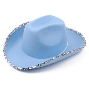 Breathable Blue Color Western Hats for Women Men Thick Cowboy Hat with Sequins Brim Jazz Felt Hat Wedding Party Hats