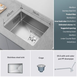JOMOO Kitchen Nano Sink 304 Stainless Steel Thickened Bowl Sink Basin Vegetable Basin Large Single Tank with Scratch Resistance Silent Shield