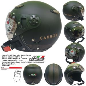 Skuterhelm91 Helm Bogo Dewasa Retro Kaca Pilot Riben JPN Monsa Carbon St Gold Hitam Doff SNI Ready Ukuran Besar atau XL