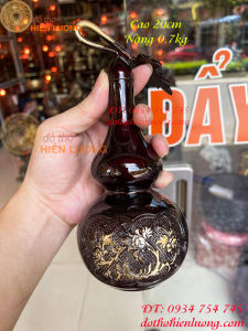 Hồ lô hoa mẫu đơn bằng đồng màu nâu bóng cao 18cm phong thủy