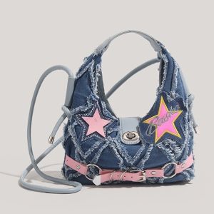 Y2K Pink Star Crossbody Bag Harajuku Spice Girl Denim Handbag Punk Style Popular Trendy Underarm Shoulder Bag for Women