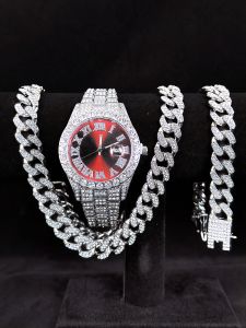 Hip Hop Watch for Men Bling Bling Diamond - studded Watch + Chain Bracelets+Cuban necklace Combo Gift Choice for Teen Boys into Hip Hop Fashion(1*watch 1*bracelet 1*necklace）