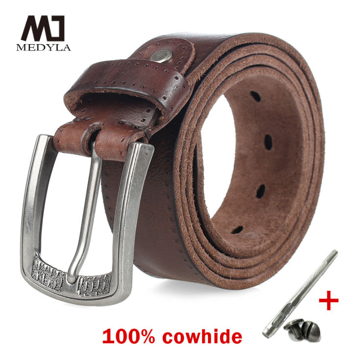 MEDYLA Men's Belt Natural Skin Cowhide Belt Vintage Alloy Pin