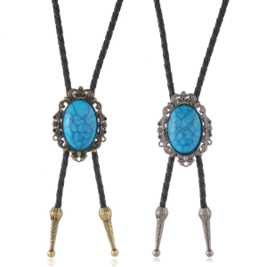 Adjustable Leather Cord Western Bolo Tie Crack Turquoises Pendant Necklace Necktie For Cowboy Rodeos Event