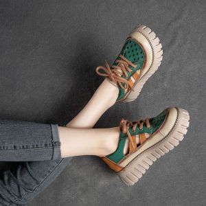 Free Shipping Summer Thin Open-Toe Low-Heeled Sandals For Women Featuring A Platform Sole Retro Design And Colorful Perforated Detailing