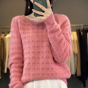 Autumn and Winter New Mink Cashmere Sweater Womens Loose Knit Pullover Low O-Neck Fashion Hollow-Out Long Sleeves Hot Jumper
