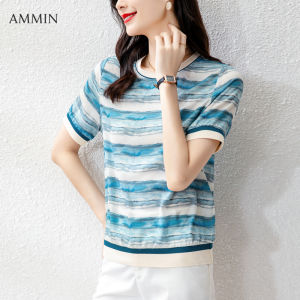 AMMIN Tops large size M-4XL 2023 summer new style simple fashion thread round neck gradient stripe printing silk elegant temperament short-sleeved T-shirt womens elegant temperament mulberry silk blouse