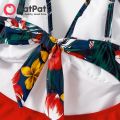 PatPat Family Matching Floral Print & Solid Spliced Ruffle Trim One-piece Swimsuit and Swim Trunks. 