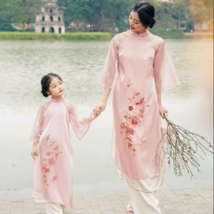Áo Dài Tết Ivy Áo Dài  Cách Tân Cho Mẹ và Bé Gái Hồng Cúc Vải Organza Cao Cấp Họa Tiết Đính Kết Nổi Tỉ Mỉ Màu Hồng Pastel Xinh Xắn Sáng Da