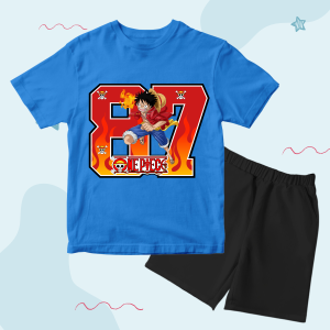 Baju Setelan Distro Karakter Angka 87 Monkey D Luffy Anak Laki Laki Motif One Piecee 1 - 10 Tahun