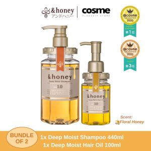 [2PCS BUNDLE] &honey Deep Moist [Shampoo 440ml/Treatment 445g/Hair Oil 100ml] (Repairs Thick Dry Damaged Hair)
