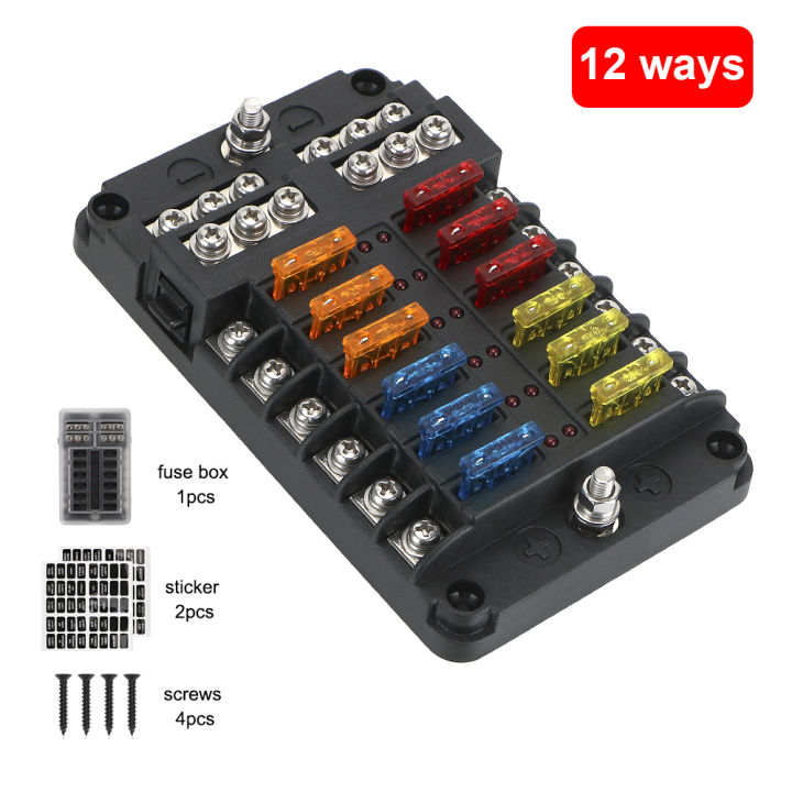 6 Ways 12 Ways Blade Fuse Block With LED Indicator Light M5 Stud For ...