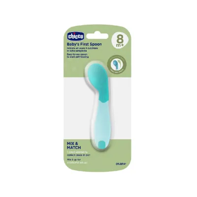 Chicco First Spoon Pink & Teal ช้อนหัดทานอาหารเด็ก 8+ BPA-Free ปลอดภัย ใช้ง่าย ด้ามจับกันลื่น เหมาะสำหรับฝึกทานเอง