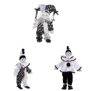 Antique trắng gốm hề búp bê với mắt thủy tinh và lấp lánh trang phục cho kệ kệ trưng bày để bàn trang trí văn phòng gia đình