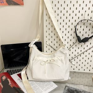 CRNGW Korean Style Nylon Shoulder Bag Pleated Oxford Cloth Bow Crossbody Bag Cute Handbag Drawstring Bag Women