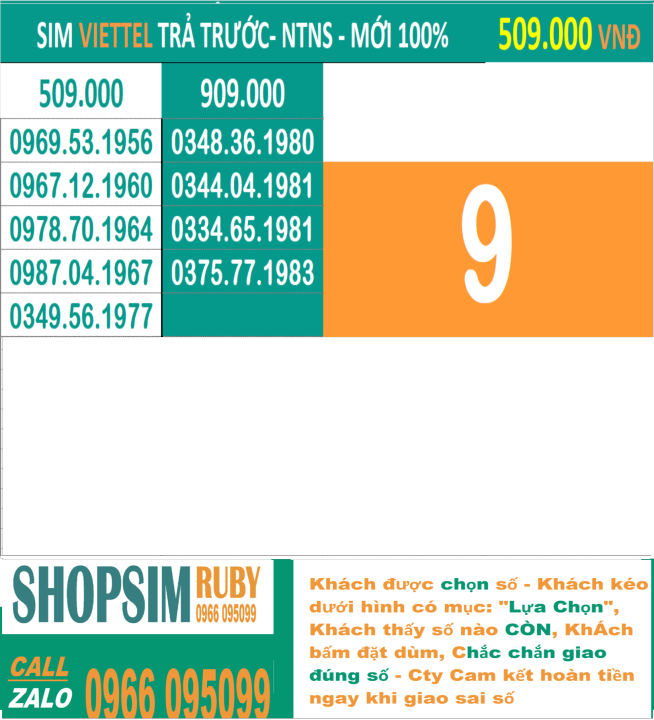 Sim 09 Viettel Trả trước chính hãng -Chọn số - Nghe gọi, Nhắn Tin, 4G ...