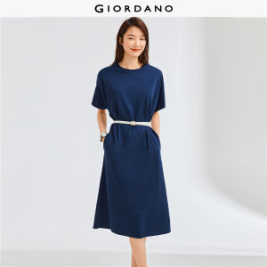 Giordano Women Solid color crewneck short sleeve loose dress Free Shipping 05463460