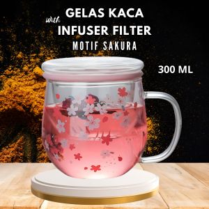 Gelas Saringan Rempah Motif Sakura One two cups Kaca Tahan Panas 300ML
