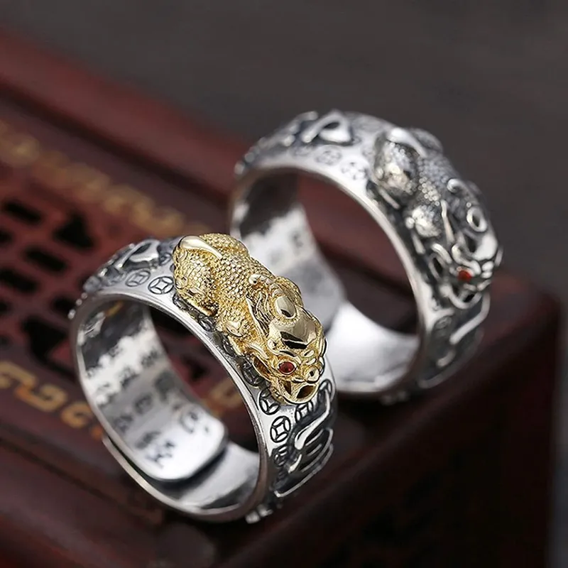 JUNTEN 990 Sterling Silver Feng Shui Mantra Ring - Adjustable Buddhist Pixiu Wealth Lucky Jewelry For Men & Women