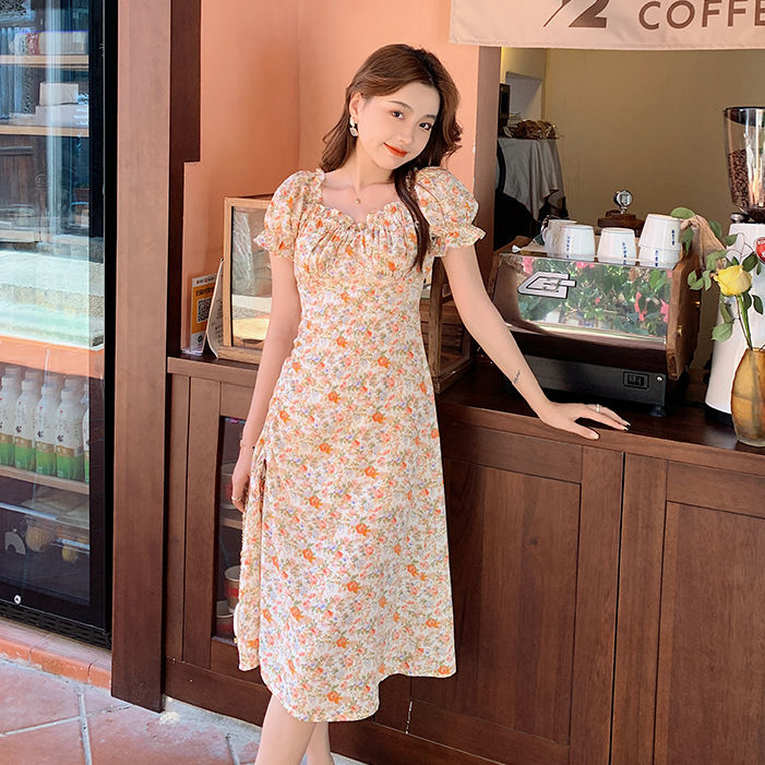 Amart Korean Women's Floral Printed Long Dress Square Collar