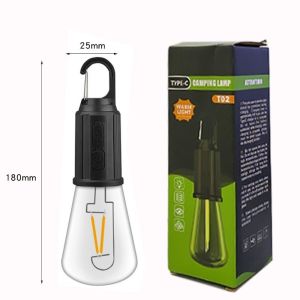 Solar/USB Outdoor Camping light Led Retro Lighting bulb solar camping lantern portable waterproof Tent camp lamp Type-C rechargeble 2 charging modes 3 Lighting modes Tungsten Light Tent Lamp with Clip Hook Emergency work light hiking camping set equipment
