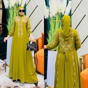 Gamis Bordir Elegan dengan Furing - Dress Muslimah Wanita Dewasa Motif Floral Terbaru