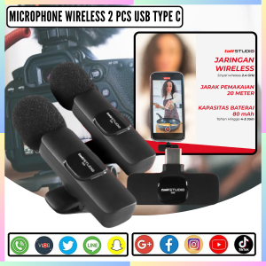 FAST DELIVERY TaffSTUDIO Mikrofon Mic Wireless Tanpa Kabel Suara Jernih Jarak Jauh 2 Pcs USB Type C