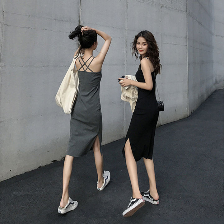 Women's Dresses summer slip dress women's slit temperament slim fashion  versatile black dress Lazada PH