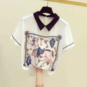 WOUEY Korean Style Womens Short-sleeved Printed Elegant Blouse for Women