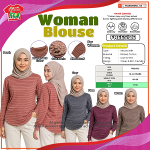 Women’s Blouse Shirt Ribbed Cotton | Round Neck Collar & Ribbed Cuff | Breathable & Washable | Frees