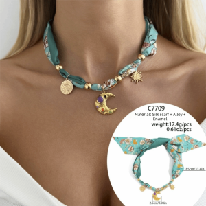 DOWNA Stylish Printed Scarf Necklace Lightweight Bohemian INS Starfish Shell Necklace Ribbon Tie Comfortable Flower Pendant Vacation Wear