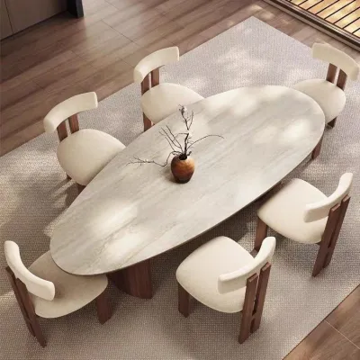 AUREO 【⚡】French Sintered Stone Dining Table Solid Wood Dining Table Oval Dining Table Dining Table Set