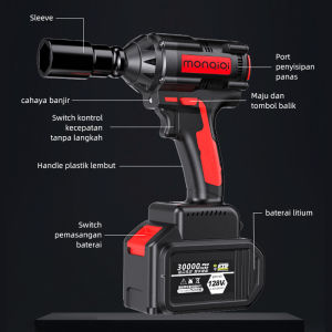 Brushless Impact Tool 98V Cordless Electric Impact Wrench Bor impek pembuka baut motor / Bor impek pembuka baut motor Cordless Impact Wrench high torsi Brushless impact Baterai 98Volt 98Vf 2 Baterai/Untuk melepas dan memasang baut ban Baut mesin CVT